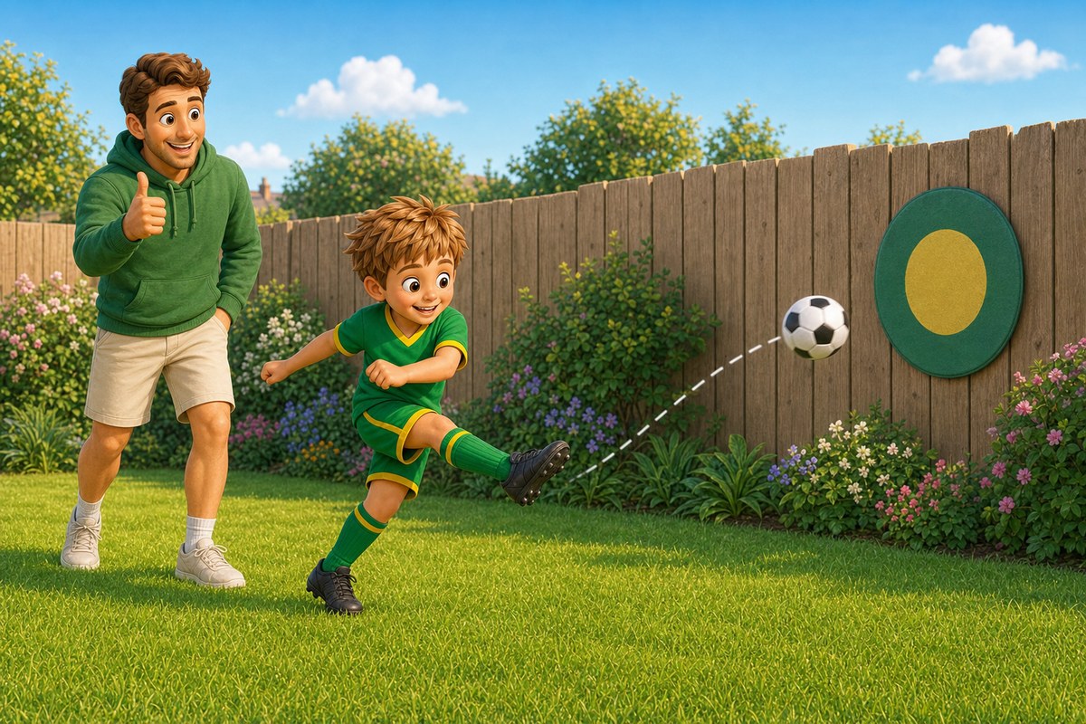 Cartoon boy's shot goes slightly wide of a target on the fence while Dad gives an enthusiastic thumbs up