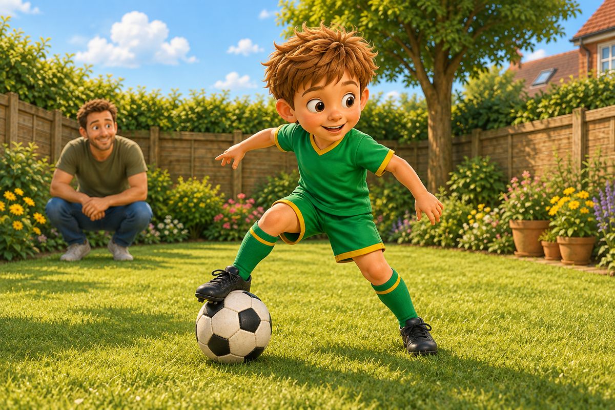 A boy mid-turn with a football at his feet on a small UK garden lawn, his body rotating into a new direction.