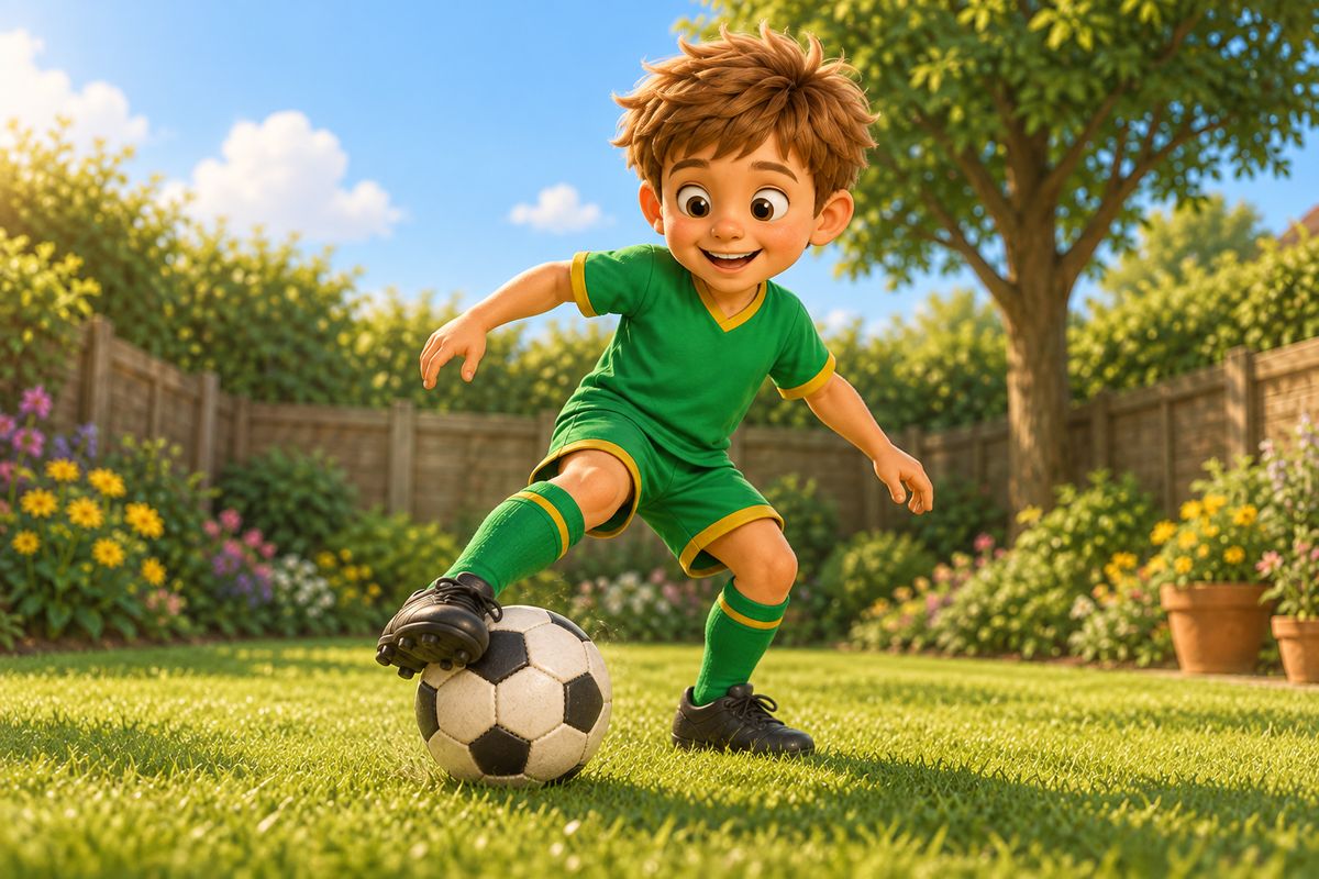 Close view of a boy's boot rolling a football diagonally across his body with the sole, on a garden lawn.