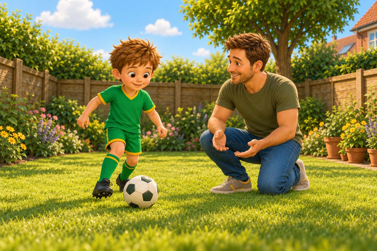 A dad kneels on the lawn an arm's length from a boy who dribbles a soft ball slowly, the dad's hands open and low.