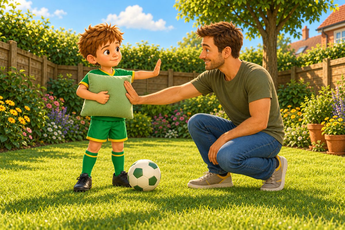 A dad kneels in the garden resting one flat palm on a cushion the boy hugs, while the boy holds up his other hand flat like a stop sign.