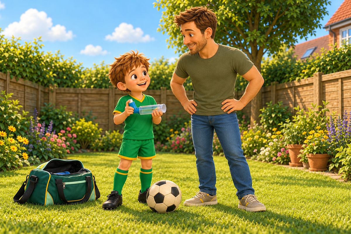 A dad and boy get ready on the lawn, a reliever inhaler in the boy's hand and the ball at his feet.