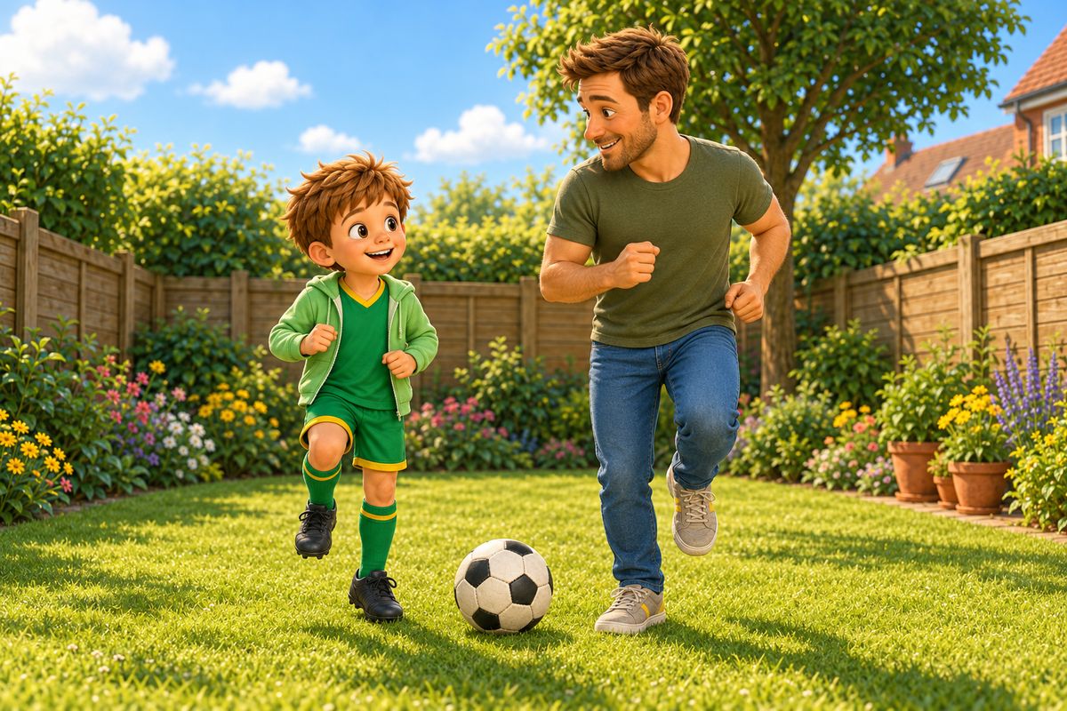 A dad and boy warm up together with a slow jog on the spot before touching the ball.