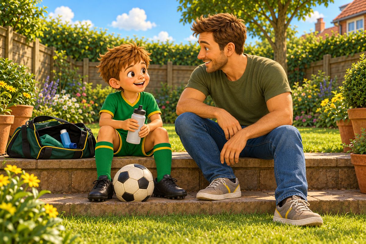 A boy sits down for a drink with his dad and the ball between his boots after a short burst of play.