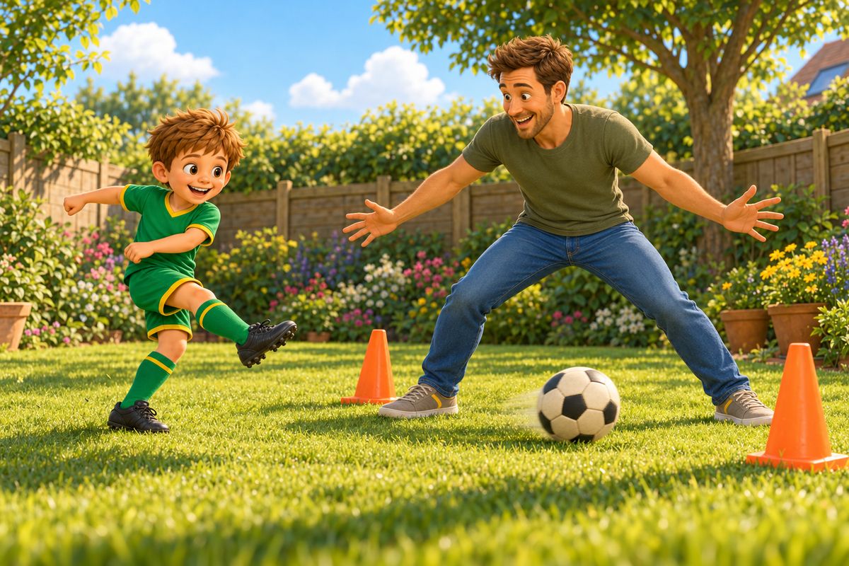 A dad stands in a garden goal between two cones, laughing, as his boy finishes a shot and grins.