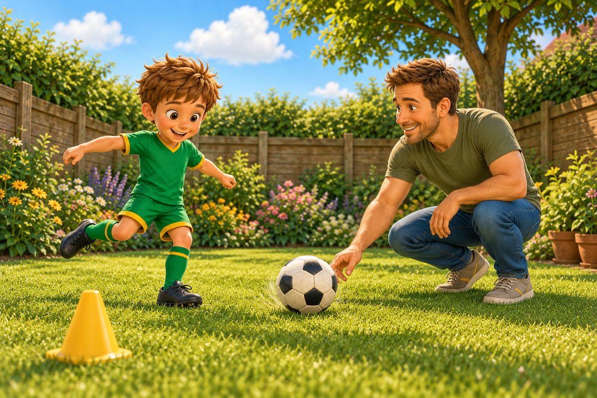 A dad rolls the ball along the grass from the side while his boy lines up to strike it.