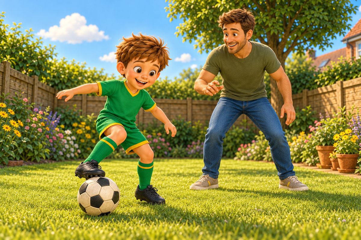 A boy shows his dad a ball move on the lawn while the dad watches with a curious open face.