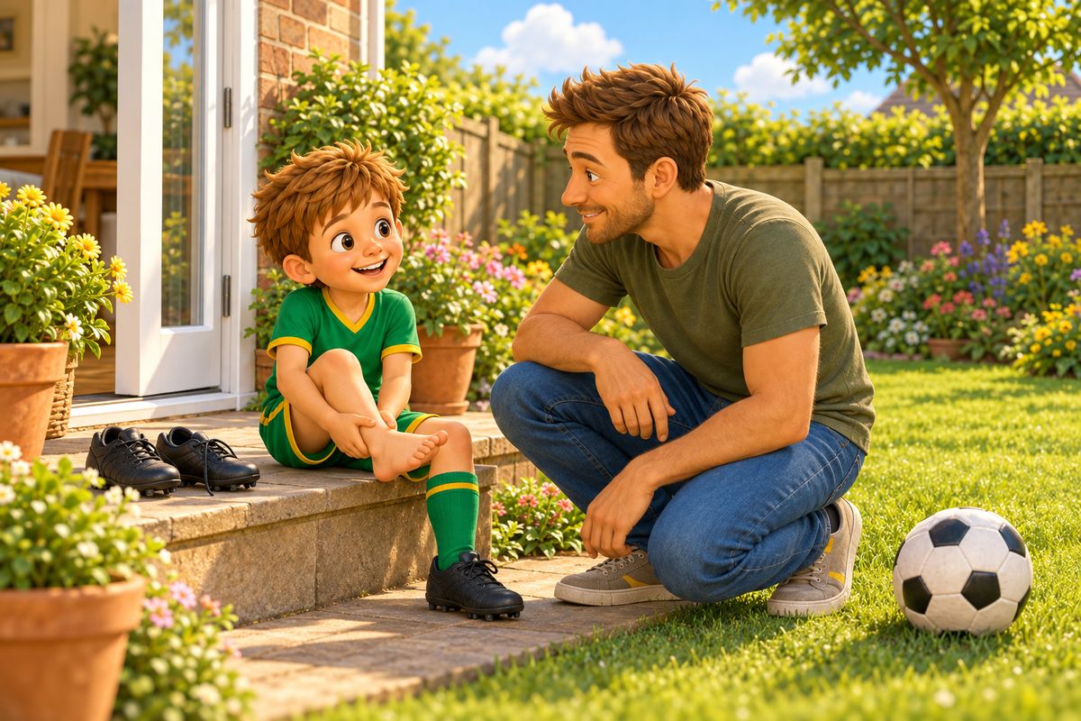 A dad crouches to look gently at a boy's bare foot while the boy sits on a garden step with his football boots beside him.