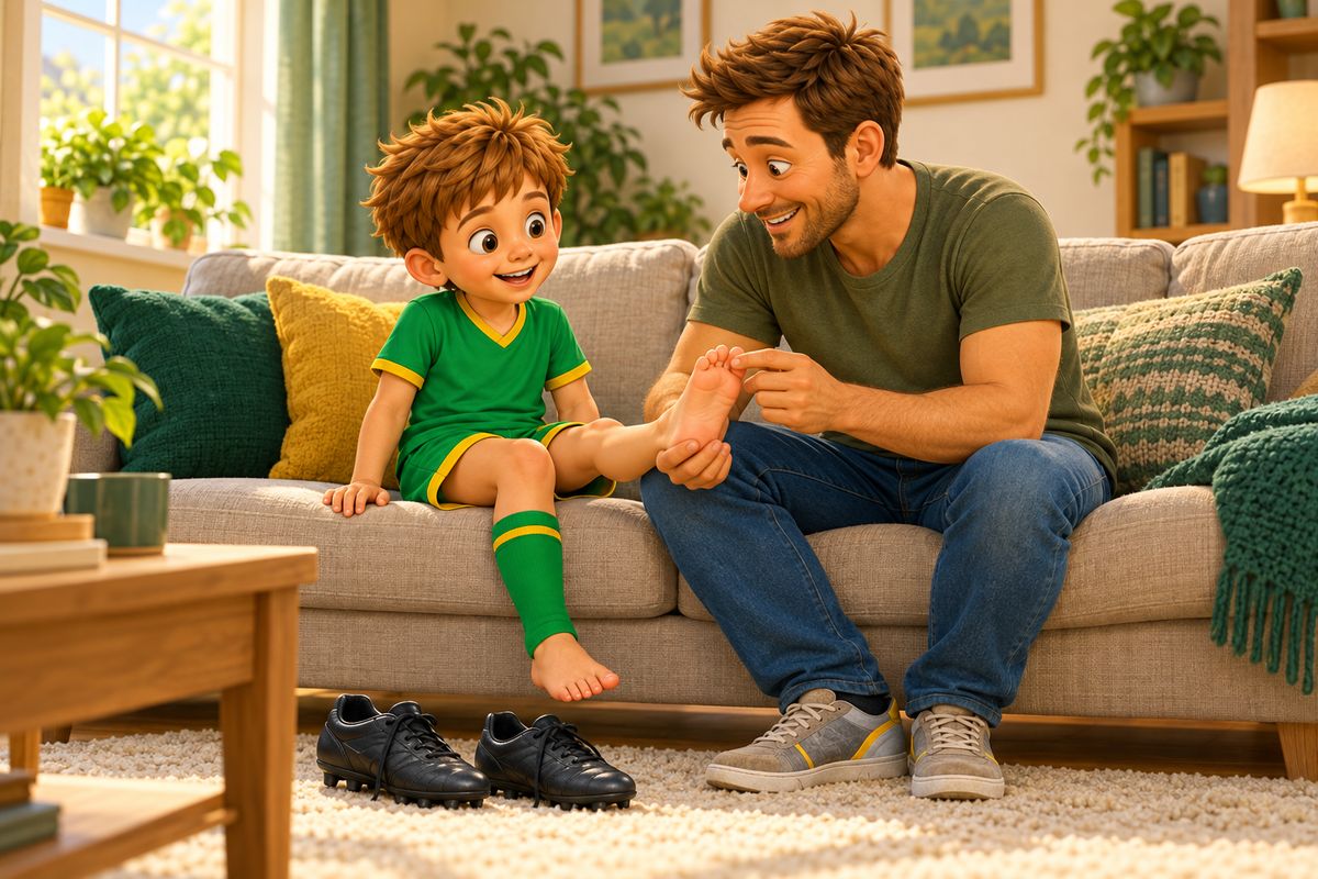 A dad and boy sit on a sofa while dad gently holds the boy's bare foot and they look at his toes together.