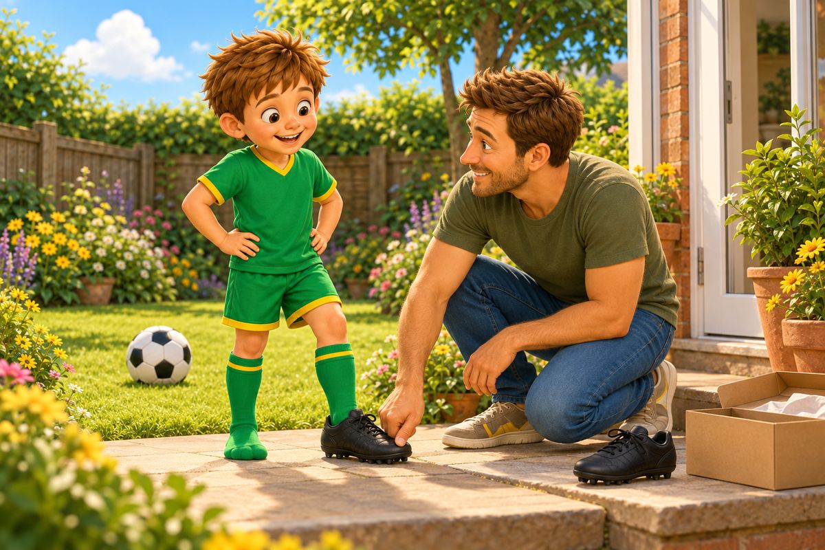 A dad crouches and checks the space at the front of a boot while a boy stands with a foot in it on a doorstep.