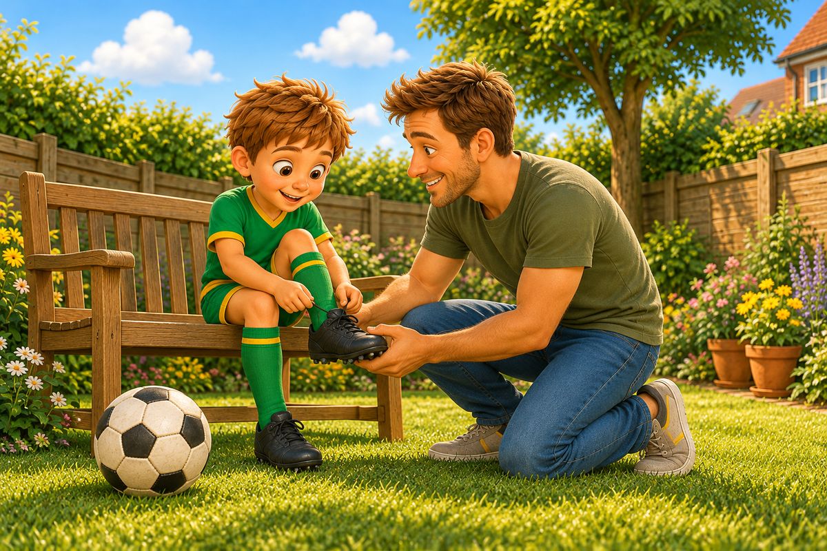 A dad kneels beside a boy on a garden bench checking the heel of his football boot as the boy laces up.
