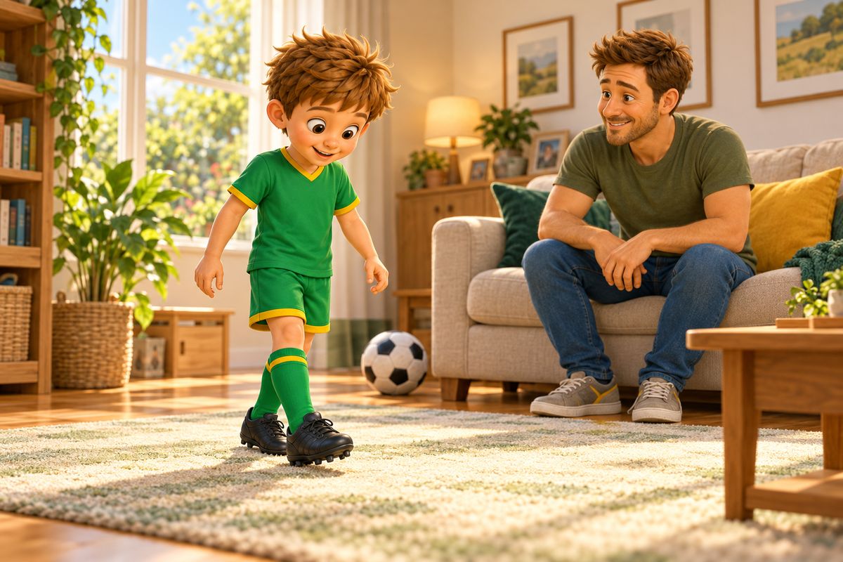 A boy walks across a living room rug in new football boots while his dad watches from the sofa.