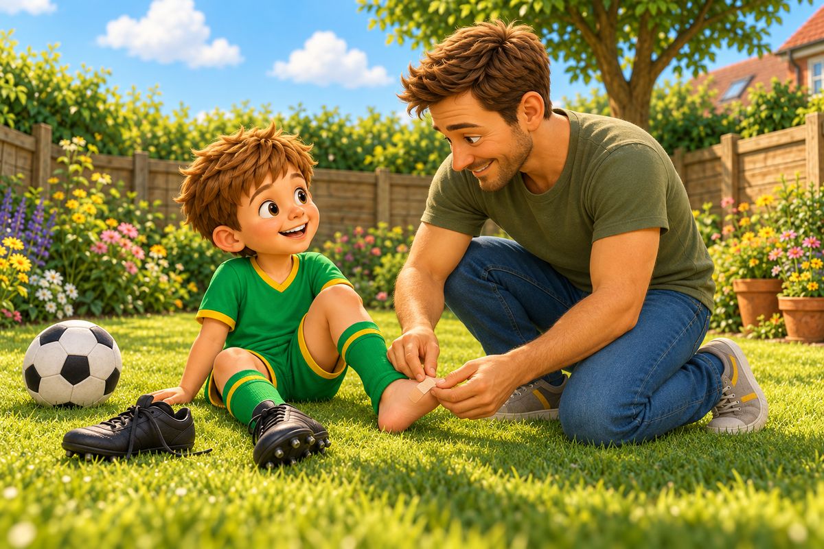 A dad kneels on the lawn and gently puts a soft plaster on the heel of a boy who sits with his boot beside him.