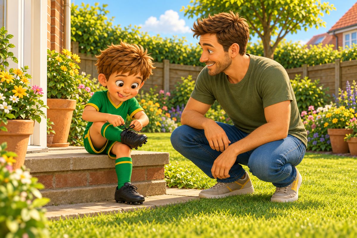 A boy sitting on a low garden step pulls the last loop of a boot bow tight while his dad crouches beside him with his hands on his knees, smiling.