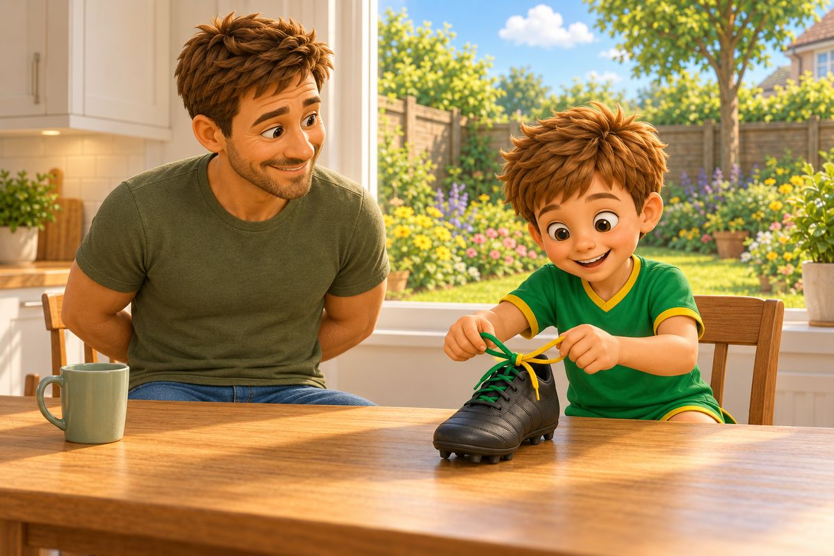 A dad and his boy sit at a kitchen table by a window, with a black boot on the table and the boy's fingers holding the two loops of a two-colour bow.