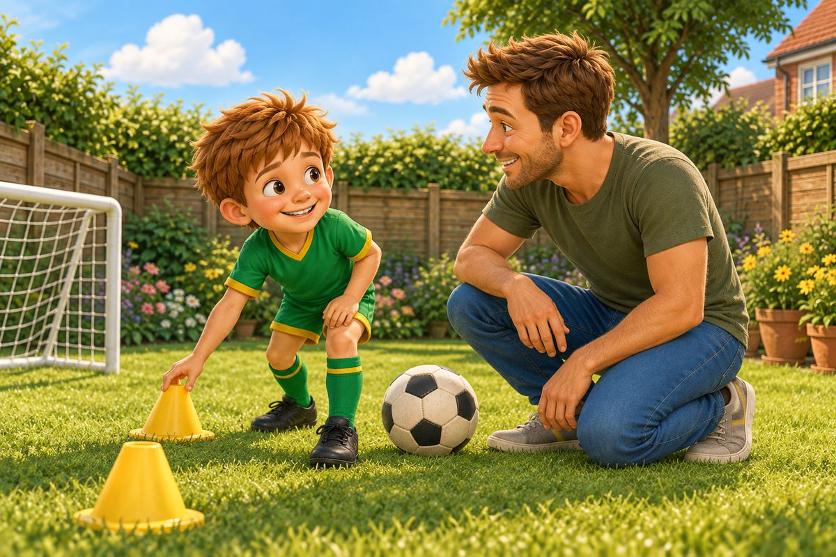 A boy mid-game in a UK garden, caught adjusting a cone marker with a slightly guilty grin, the dad crouched nearby smiling rather than scolding.