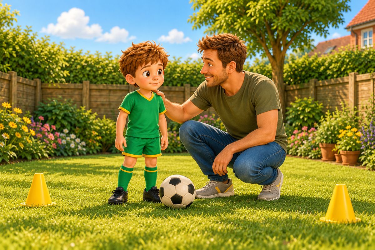 A boy stands close beside his dad at the edge of a grassy play area with a ball at his feet, calm and watching, while his dad crouches next to him with a reassuring hand near his shoulder.