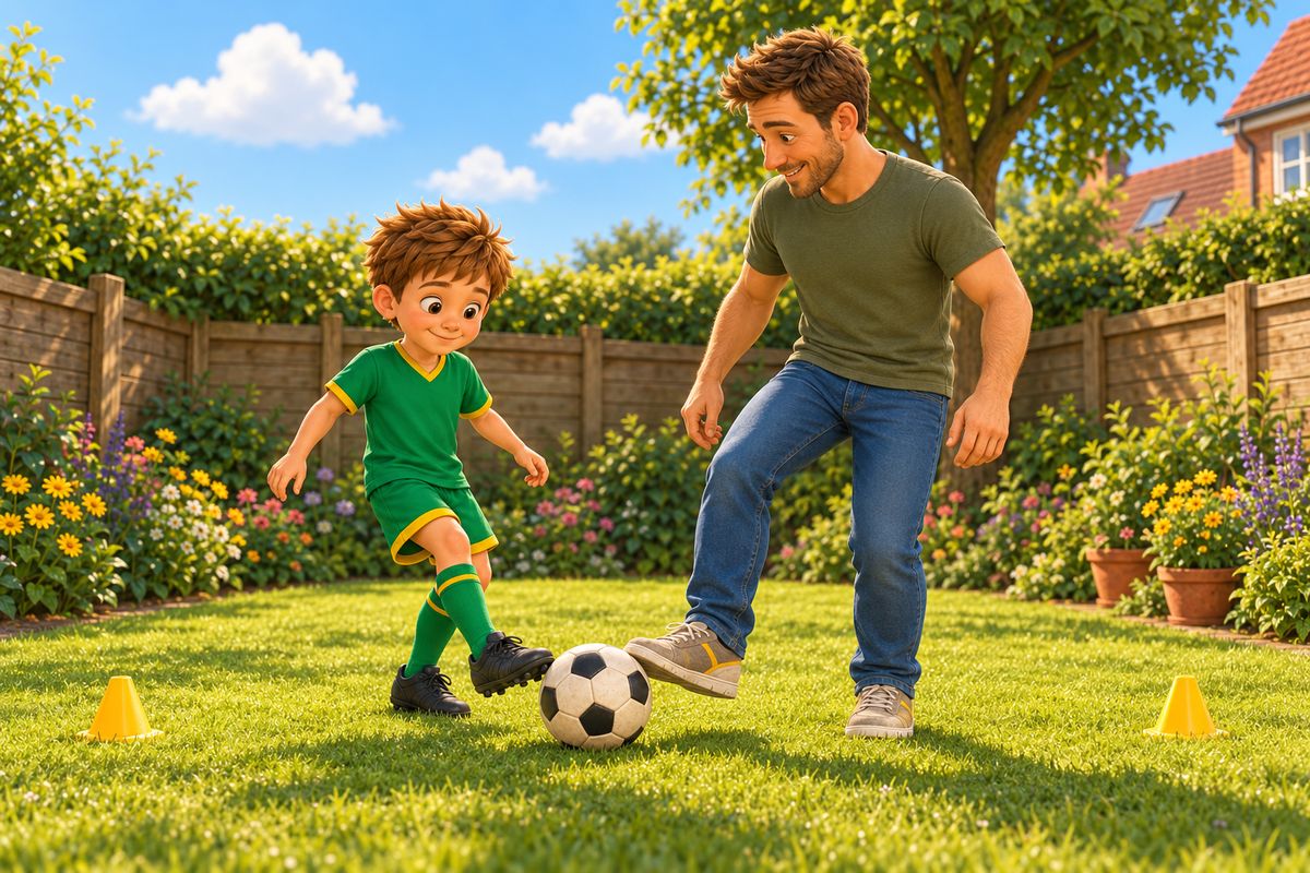 A dad and a boy tap a ball gently back and forth side by side near two cones, the boy giving a small smile.