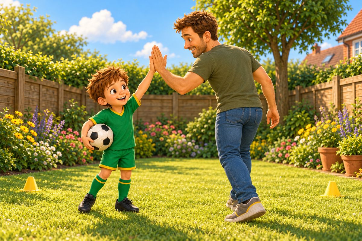 A dad and a boy share a high-five at the edge of the grass, with the dad about to step back a few paces and the boy holding the ball under one arm.