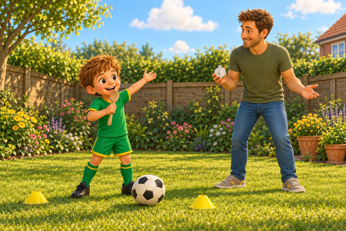 A boy holds a wooden spoon like a microphone and calls the action on a garden lawn beside a football and two small cones while a smiling dad holds a kitchen timer.