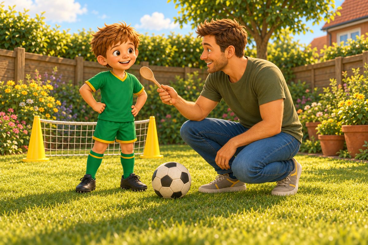 A dad holds a wooden spoon out like a microphone toward a smiling boy for a pretend post-match interview beside a small goal and a football on the lawn.