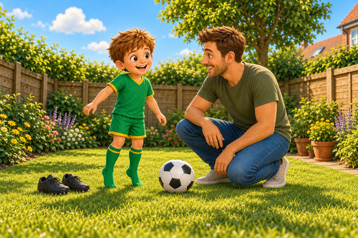 A boy stands on tiptoes on a garden path while his dad crouches beside him and watches with a relaxed smile.
