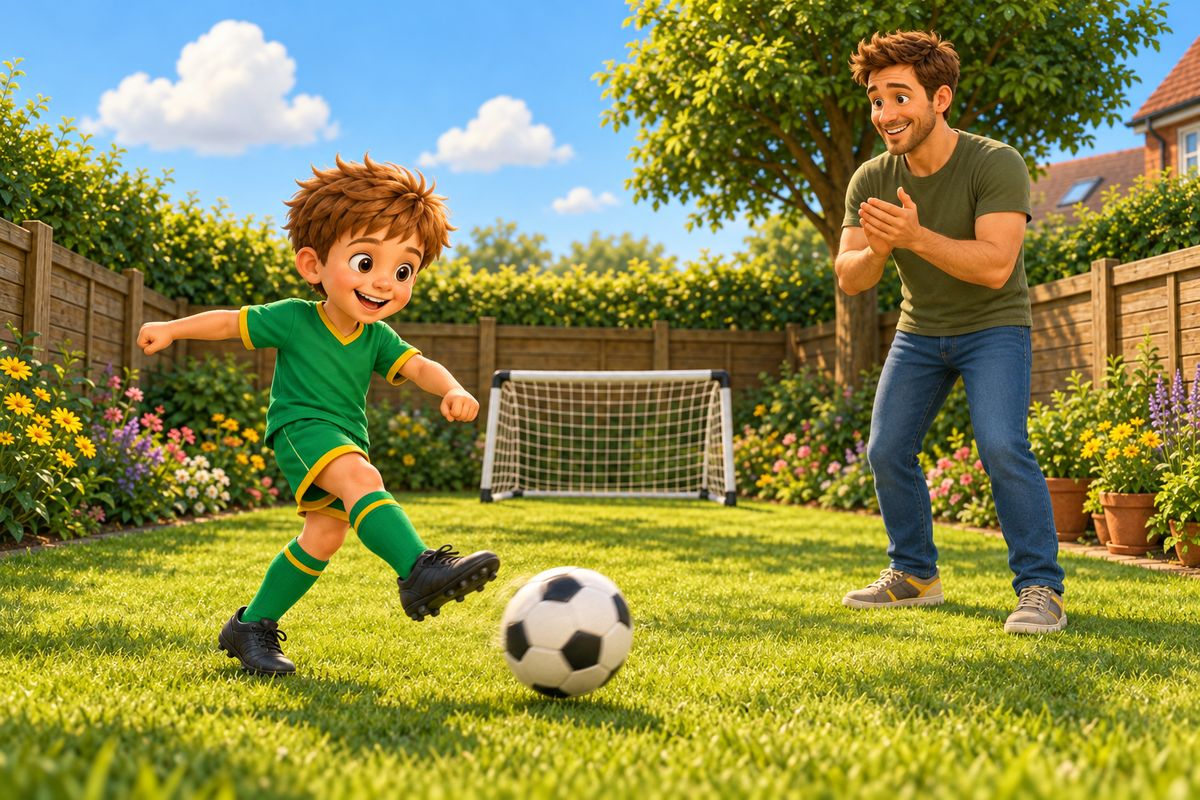 A boy kicks a football across a sunny lawn while his dad watches and smiles.