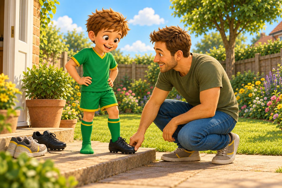 A dad crouches on a doorstep and presses a thumb at the front of a football boot while a boy stands in it.