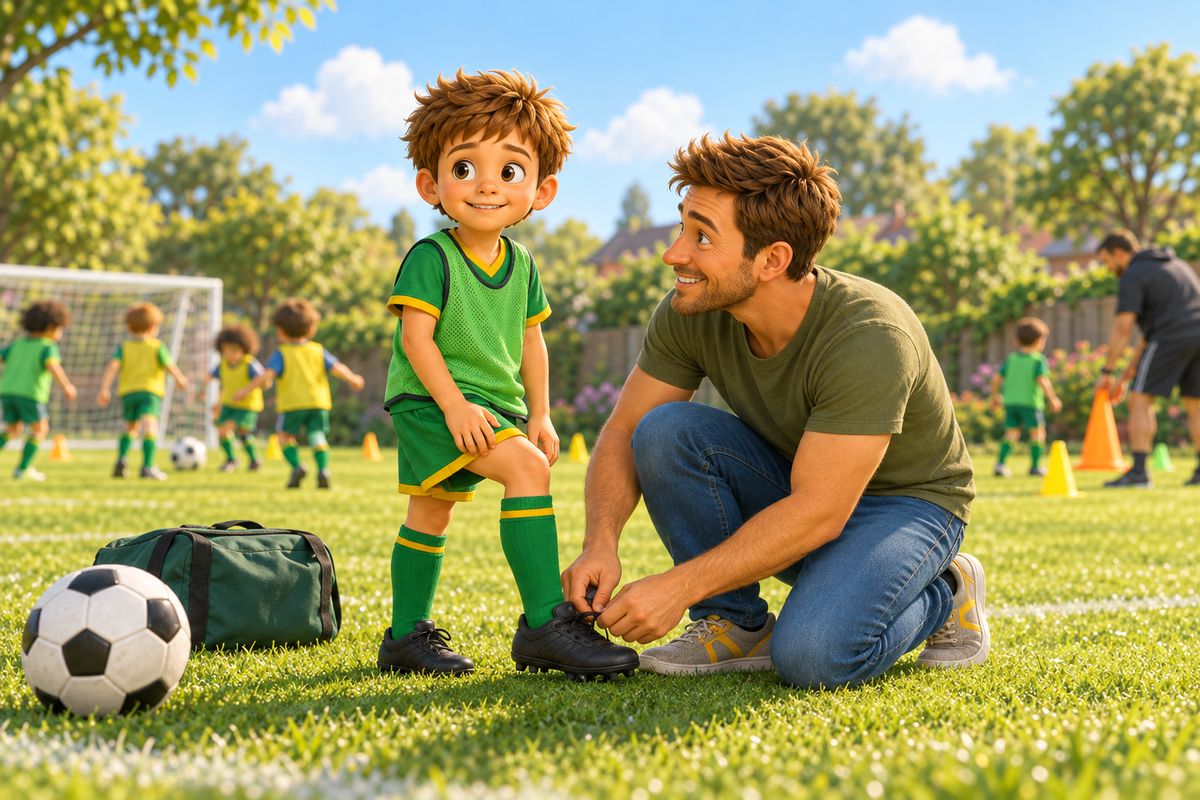 A dad kneels to check his son's boot laces at the edge of a small community pitch on a bright morning, a boot bag beside them.