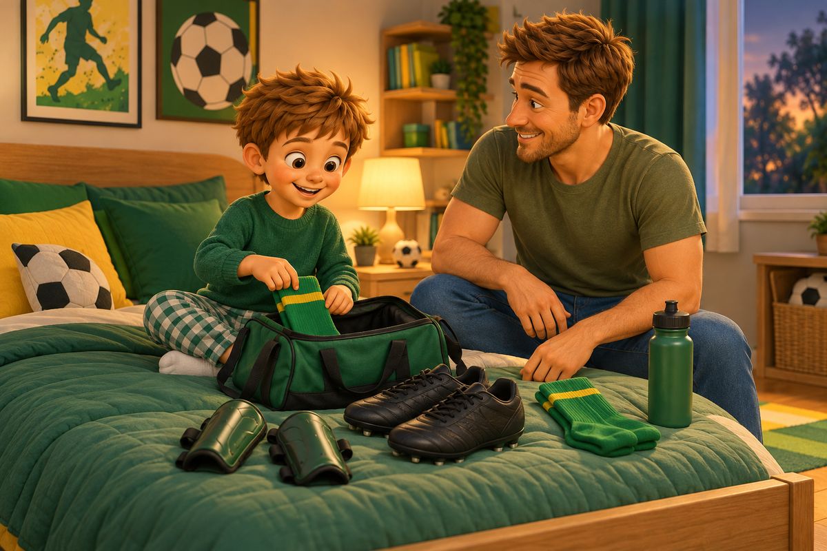 A dad and boy lay boots, shin pads, socks and a water bottle out on a bed the evening before a trial, with a boot bag open beside them.