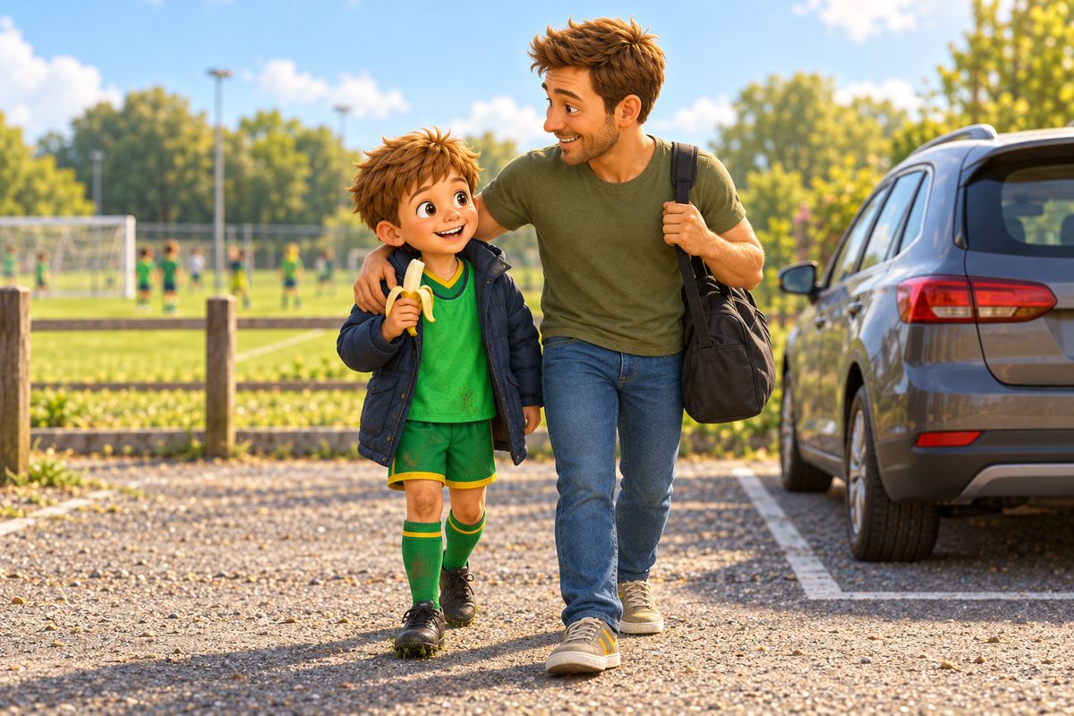 A dad with a boot bag over his shoulder walks his son across a car park after a session, his arm round the boy's shoulders, the boy eating a banana.