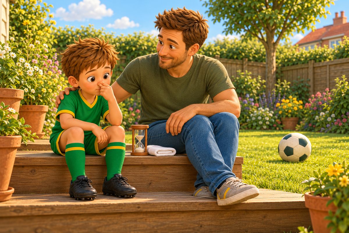 A dad sits beside a boy on a garden back step, a hand on his shoulder, while the boy leans forward and pinches his nose and a sand timer runs on the step.