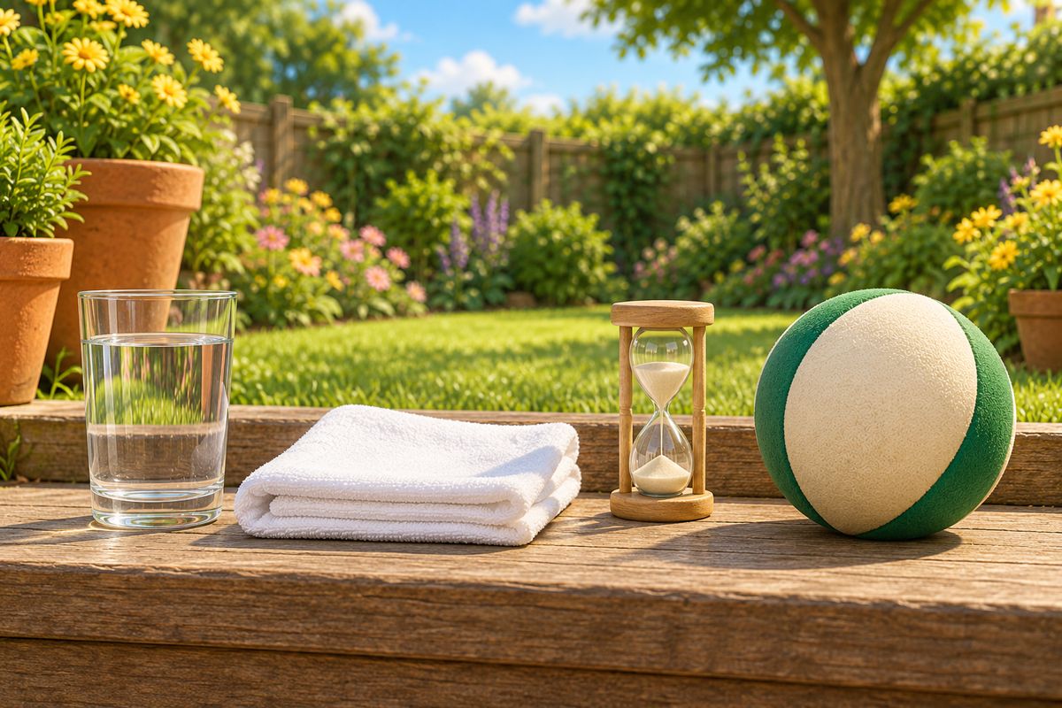 A folded clean tea towel, a sand timer, a cup of water and a soft ball laid out on a wooden garden step.