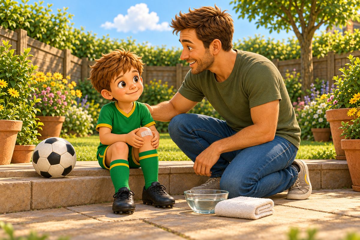 A dad kneels beside a boy sitting on a patio step with a small plaster on his knee, a bowl of water and a clean towel beside them, a football resting nearby.