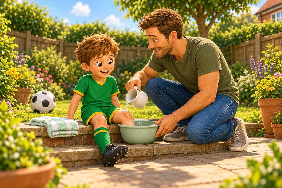 A dad pours clean water from a jug over a boy's knee as the boy sits calmly on a patio step.