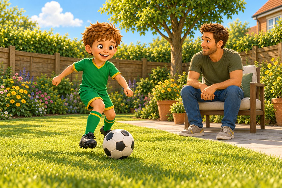 A boy plays football on a soft lawn with a paved patio behind him while his dad watches from a garden chair.