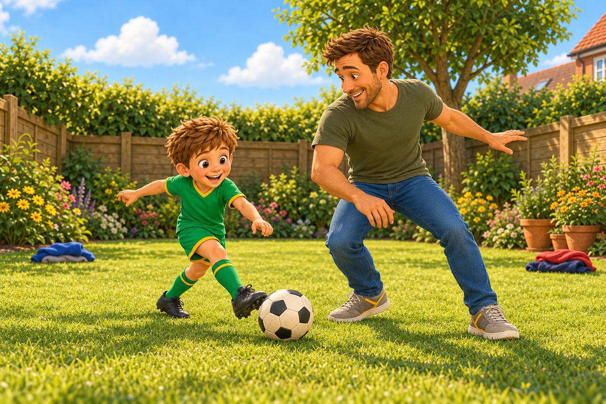 A boy stretches one foot out to win the ball from his dad on the lawn, delighted, while his dad laughs and steps aside, with two jumpers marking goals behind them.