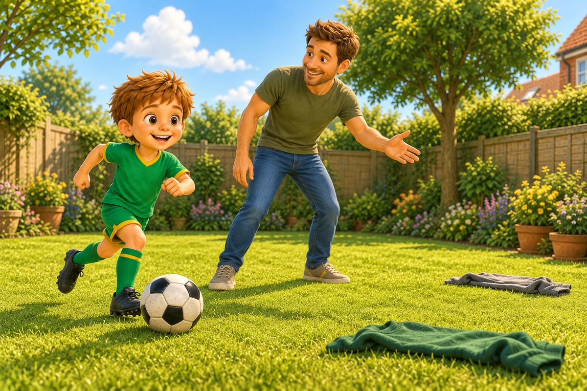 A boy dribbles the ball happily towards a goal made of two jumpers while his dad steps aside with one arm out, as if to say go on.