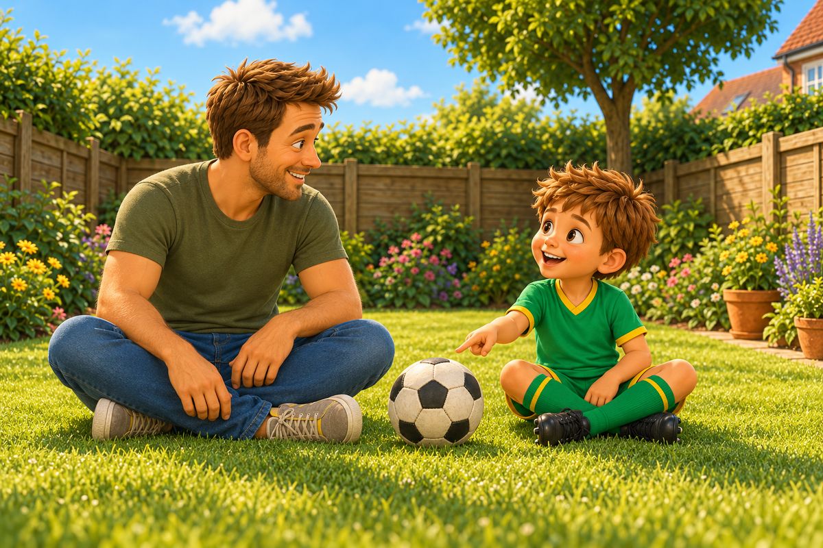 A dad and his boy sit side by side on the grass beside a ball having a relaxed chat, the dad with one hand open and the boy grinning.