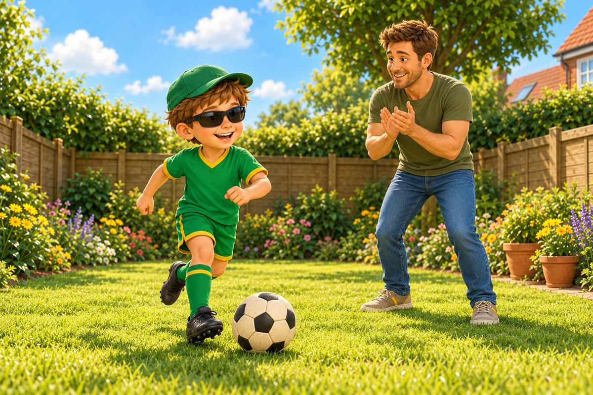 A smiling boy in a peaked cap and wraparound sunglasses dribbles a football across a sunny garden lawn while his dad claps nearby.