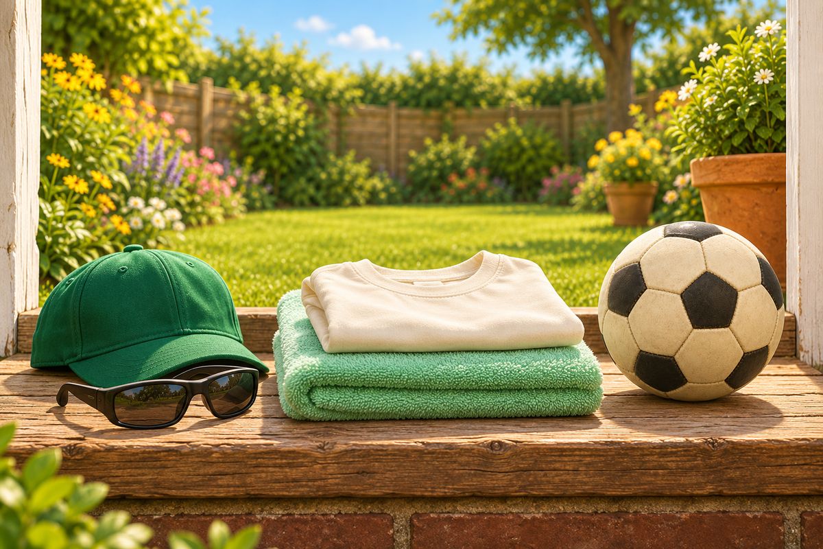 A pair of plain wraparound sunglasses, a peaked cap, a folded towel, a clean t-shirt and a football laid out on a wooden back door step.