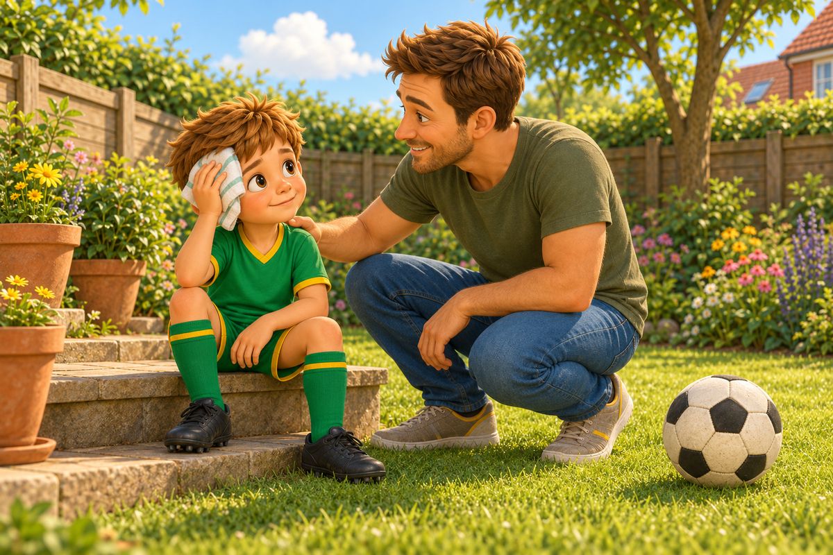 A dad checks in with his boy on a garden step after a knock, the ball resting on the lawn and the game stopped.