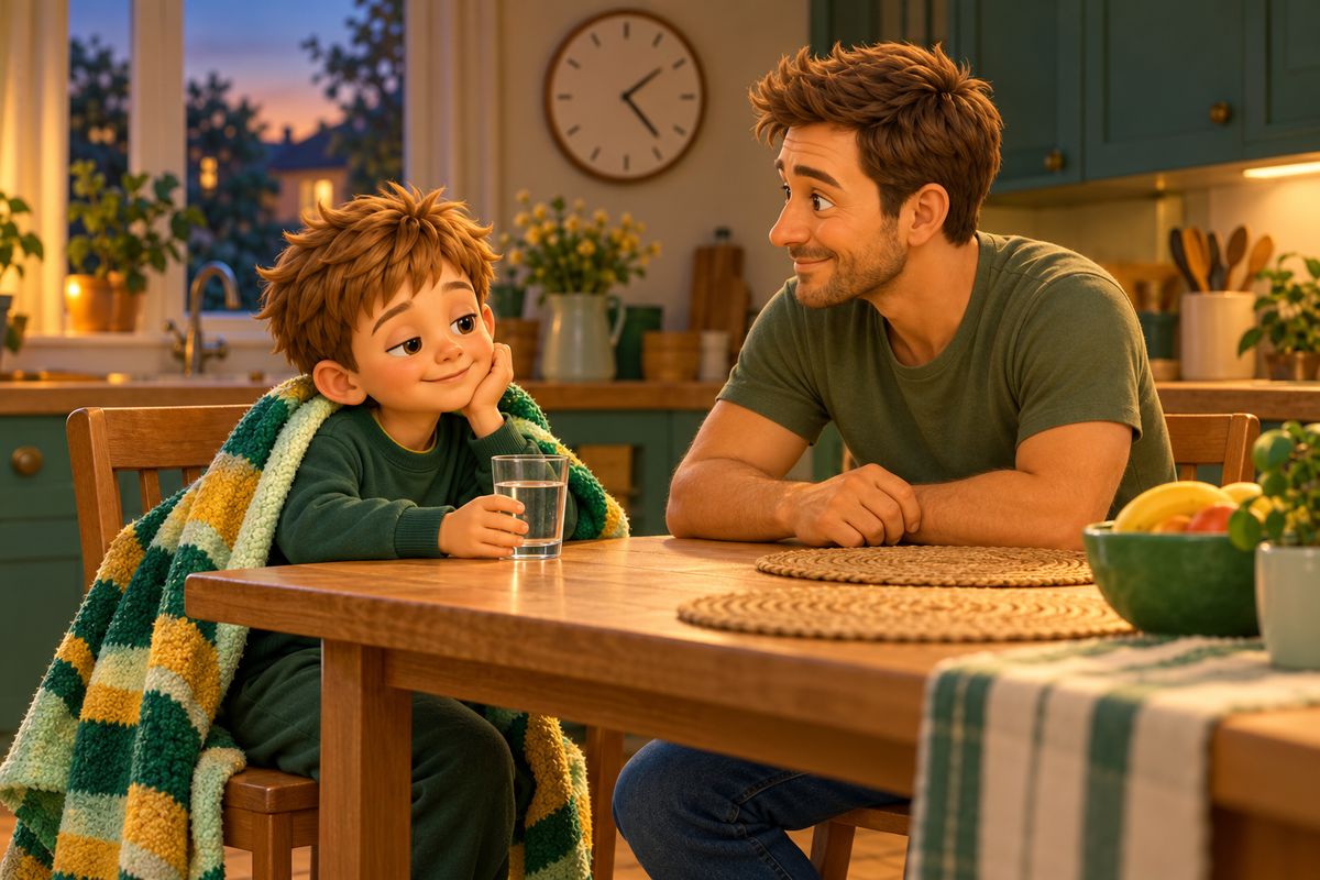 A dad keeps a quiet eye on his boy at the kitchen table on the evening after a knock.