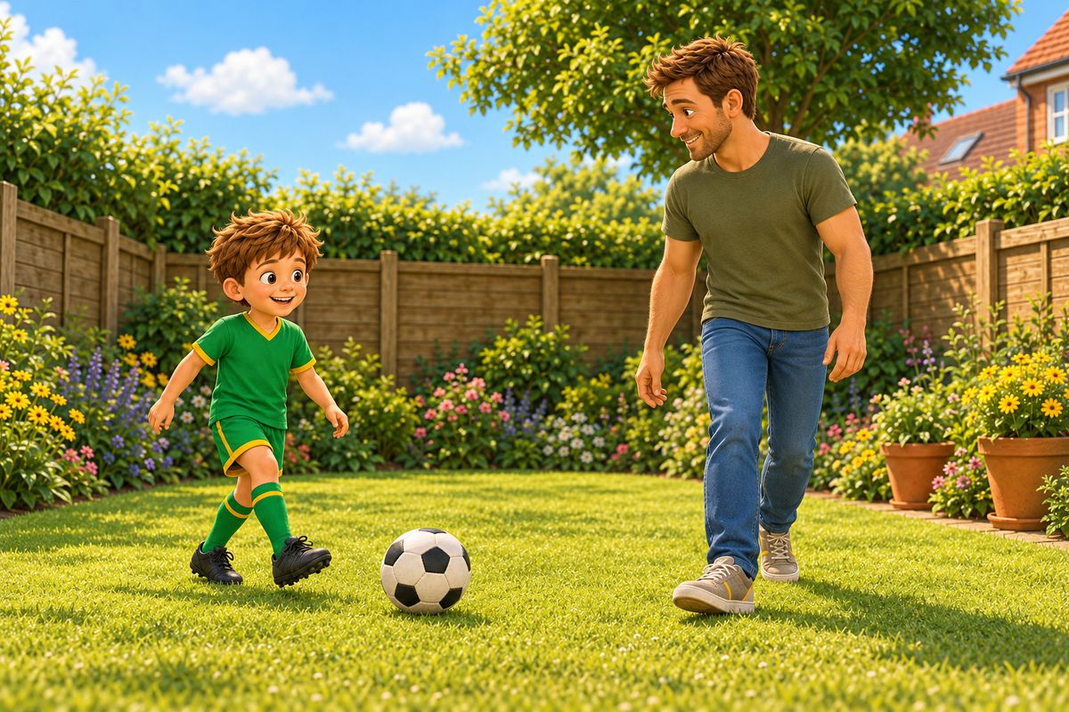 A dad and boy ease back in with a slow, soft pass, both walking, the ball staying on the ground.