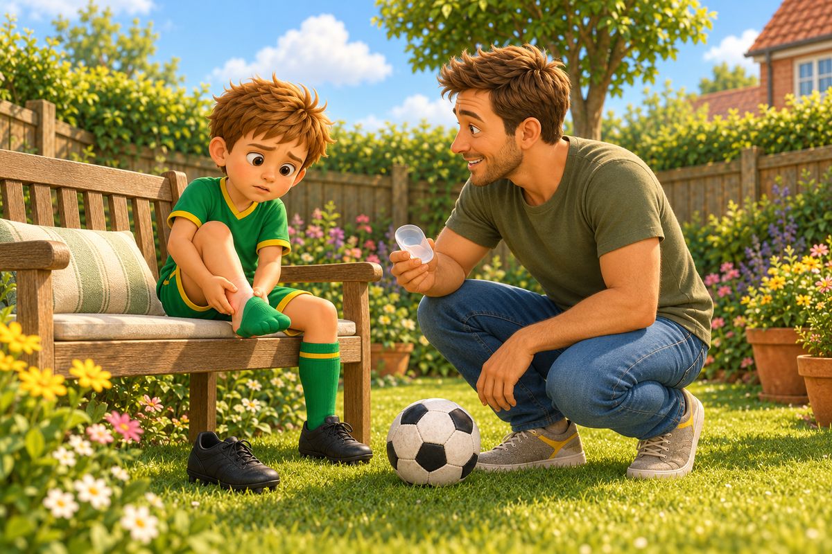 A dad crouches by his boy on a garden bench, a cushioned heel cup in hand, as the boy rubs a sore heel.