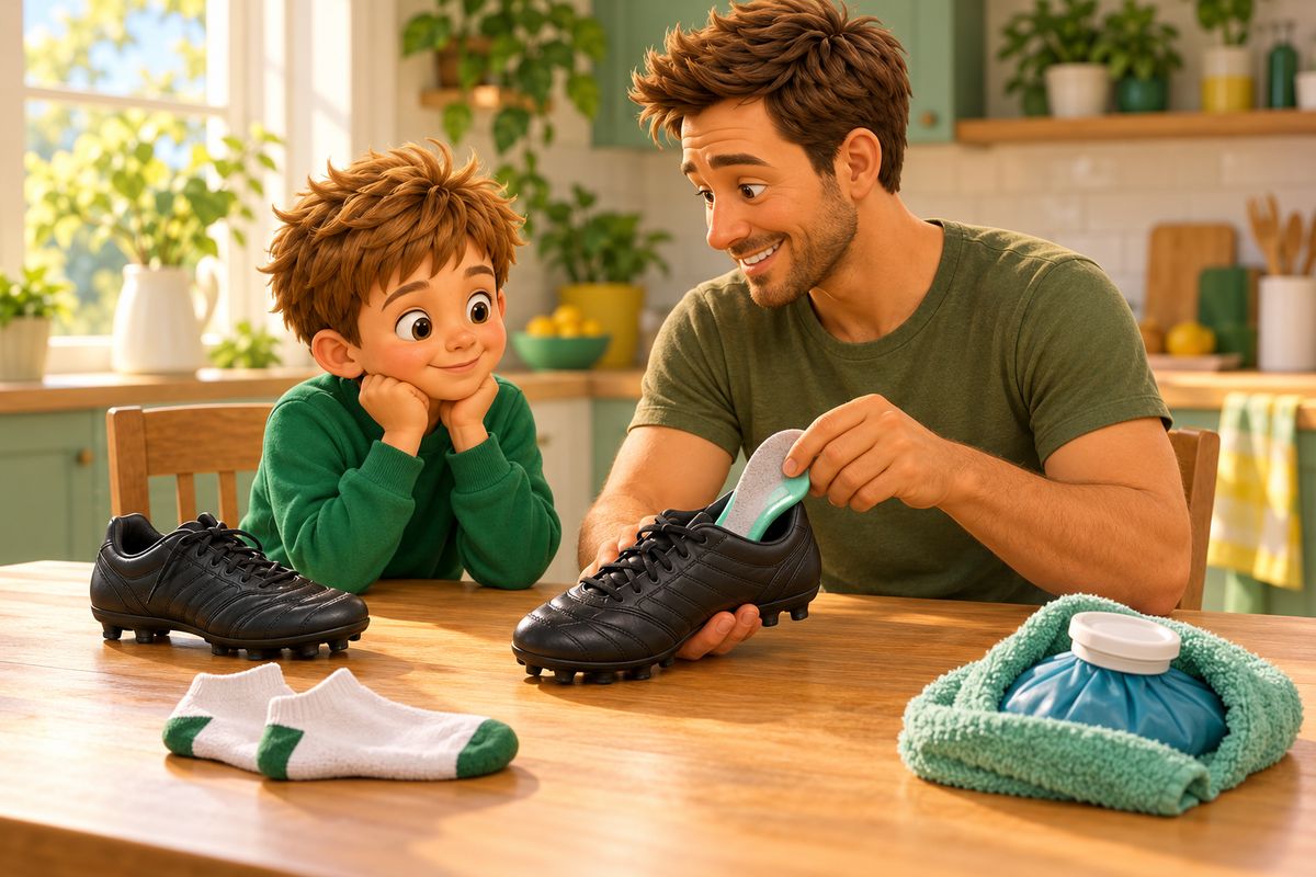 A dad fits a cushioned heel insert into a boot at the kitchen table while the boy watches.