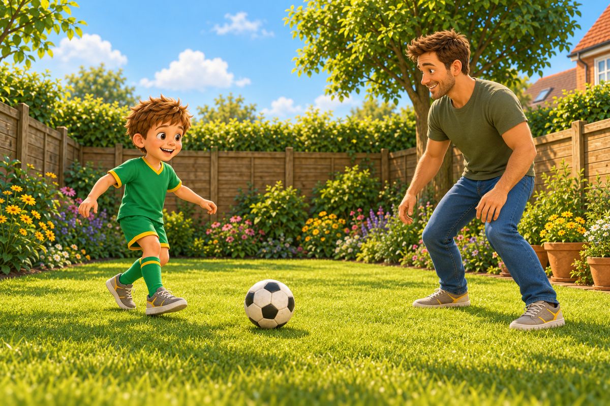 A dad and boy keep it low-impact with slow short passes and no running or jumping.