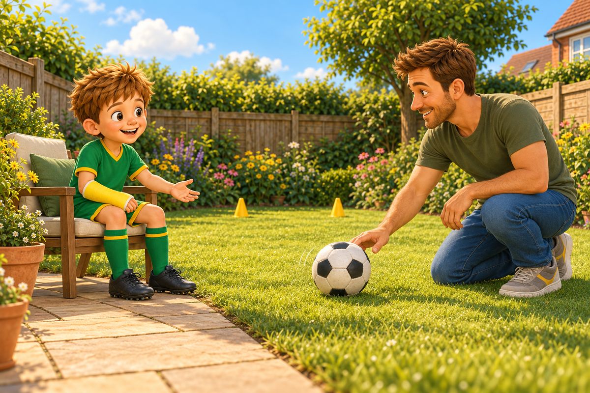 A boy with a yellow cast on one forearm sits calmly on a garden chair beside a small stack of cones while a dad kneels on the lawn and gently rolls a soft football toward him.