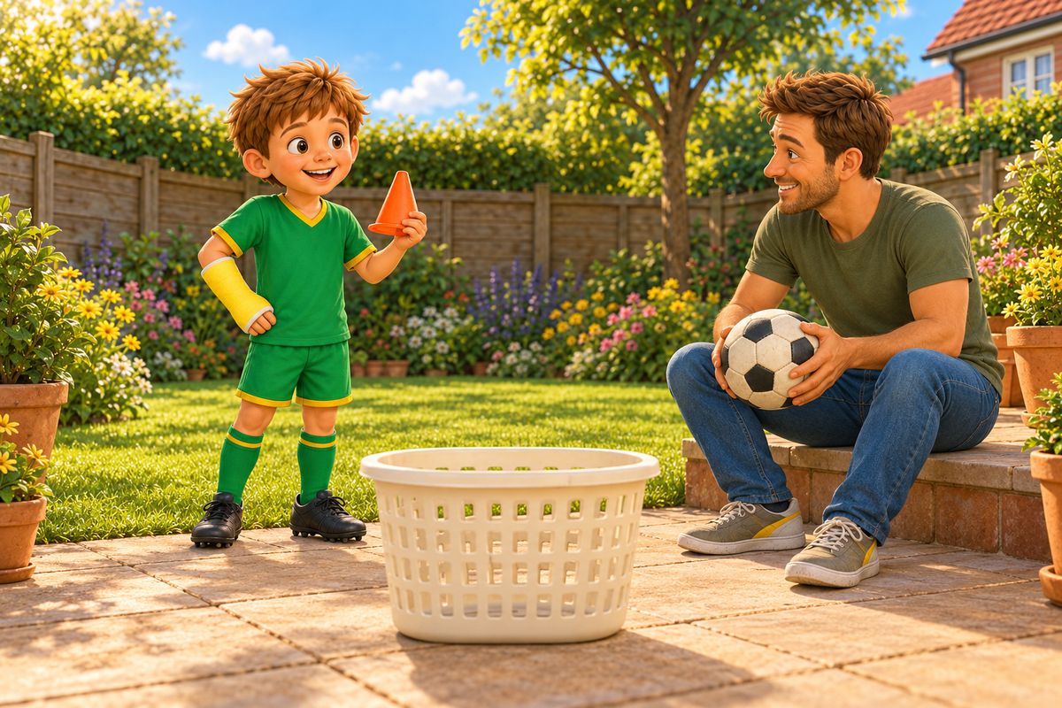 A boy with a yellow cast on one forearm stands still beside a laundry basket target holding a cone as the scorer while a dad sits on a patio step with a soft football.