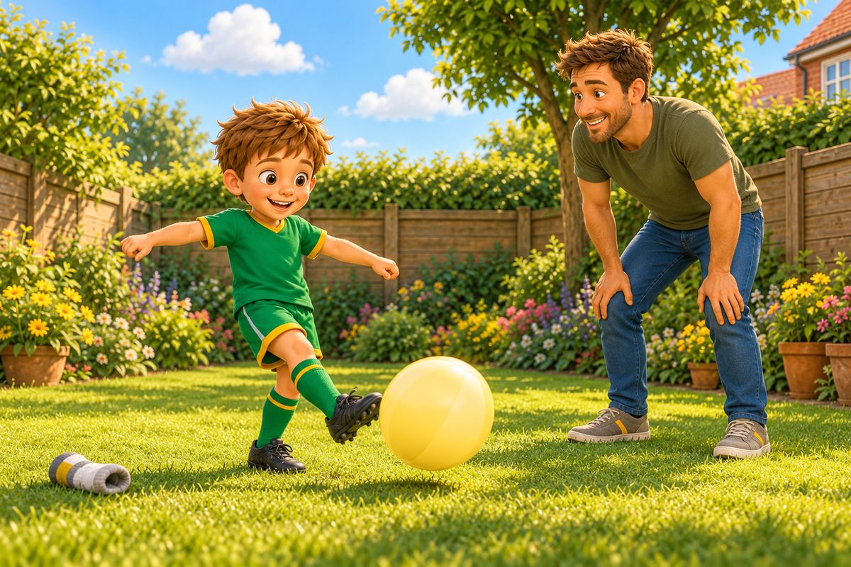 A boy's foot connects with a big, pale yellow, light ball on soft grass while his dad watches from the side, smiling, out of the line of the kick.
